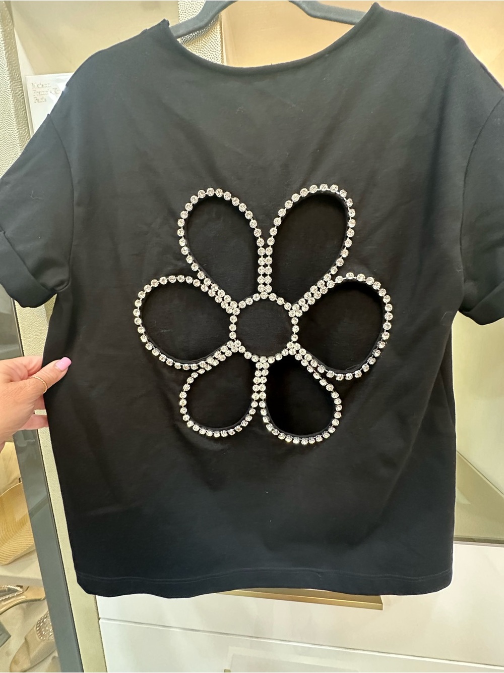 AREA Black Short Sleeve Tee with Crystal Flower Size large - Picture 7 of 7